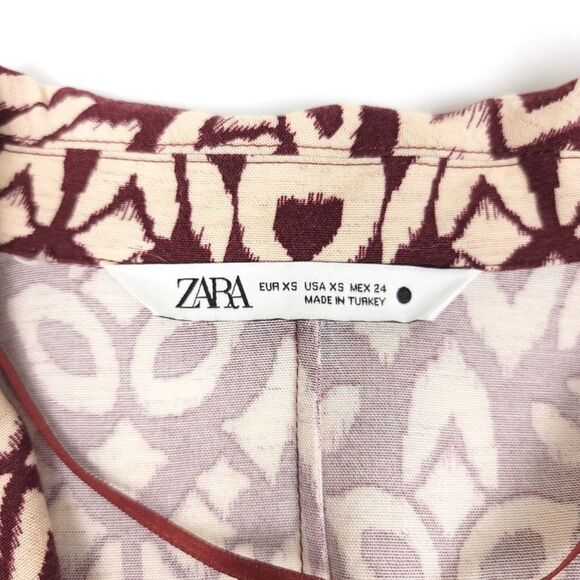 ZARA Linen Printed Wrap Blouse Crop Bell Sleeve Geometric Burgundy Cream XS - Picture 10 of 10